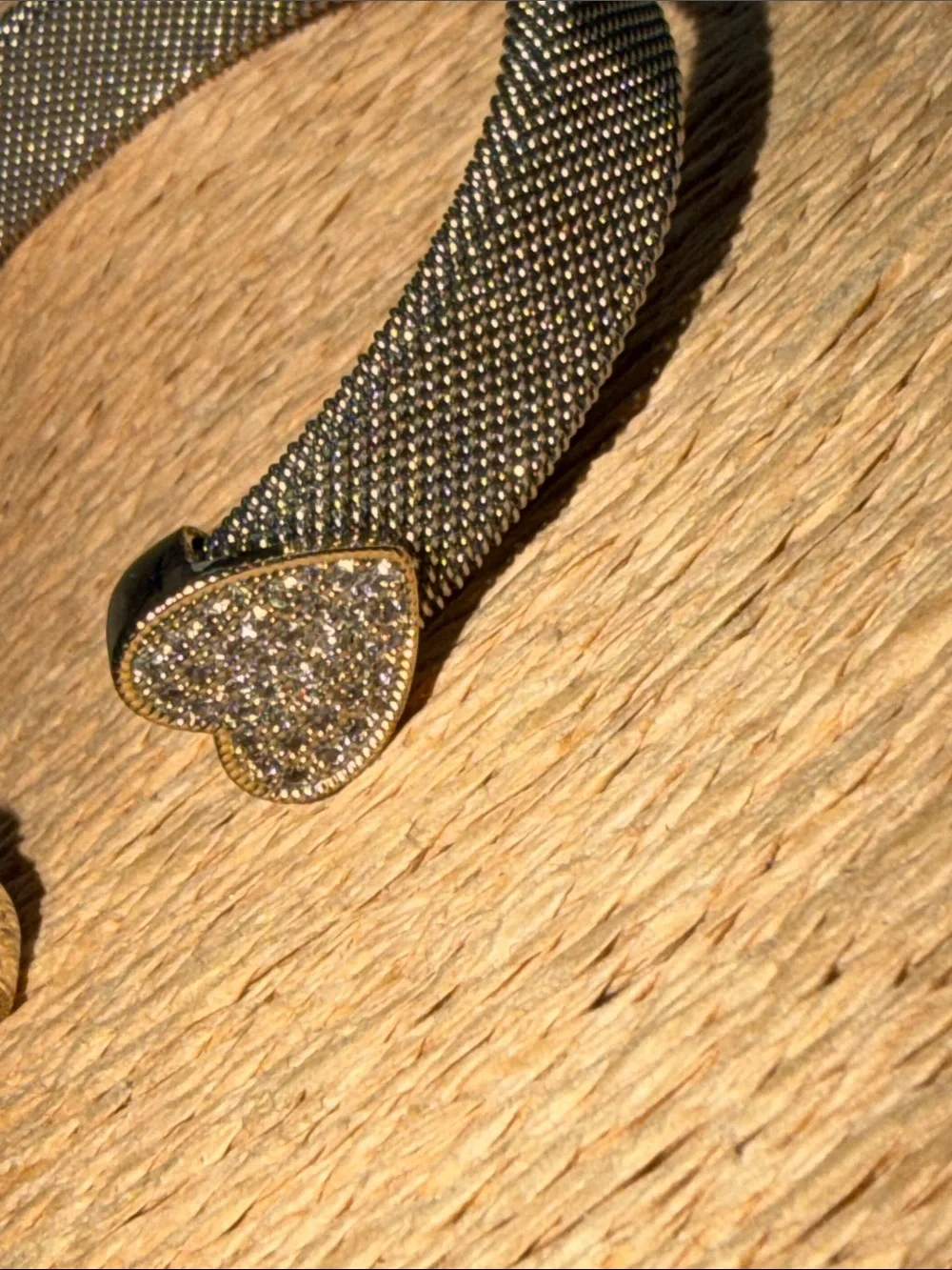 Bracelet two hearts with pave crystals silver mesh finish cuff style